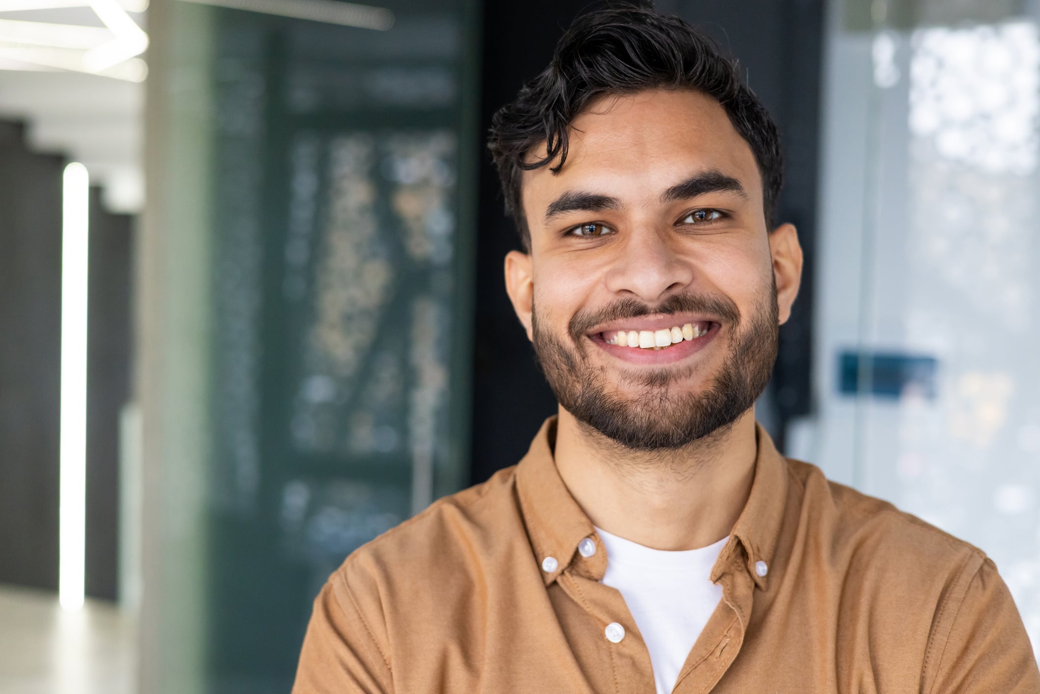 man smiling in waiting room